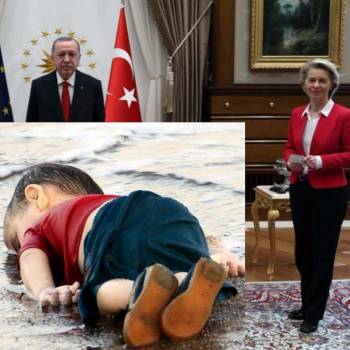 Foto: La giacca rossa di Ursula seduta sul divano e la maglia rossa del piccolo Aylan